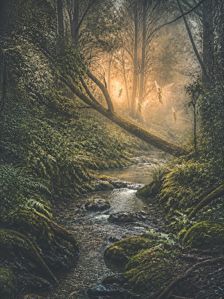 Ruisseau boisé de Cottingley éclairé par une lumière dorée