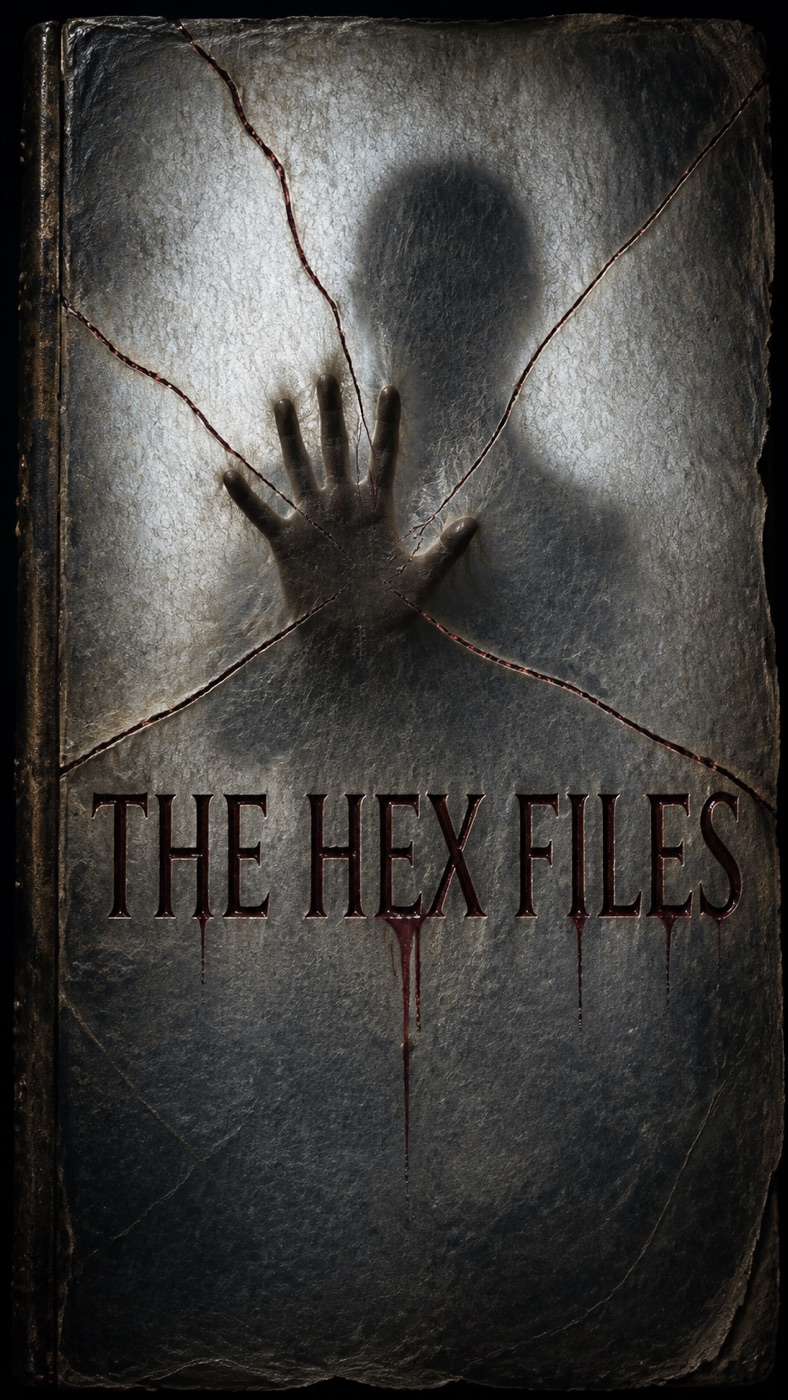 Couverture sombre de THE HEX FILES, traversée par une silhouette et une main